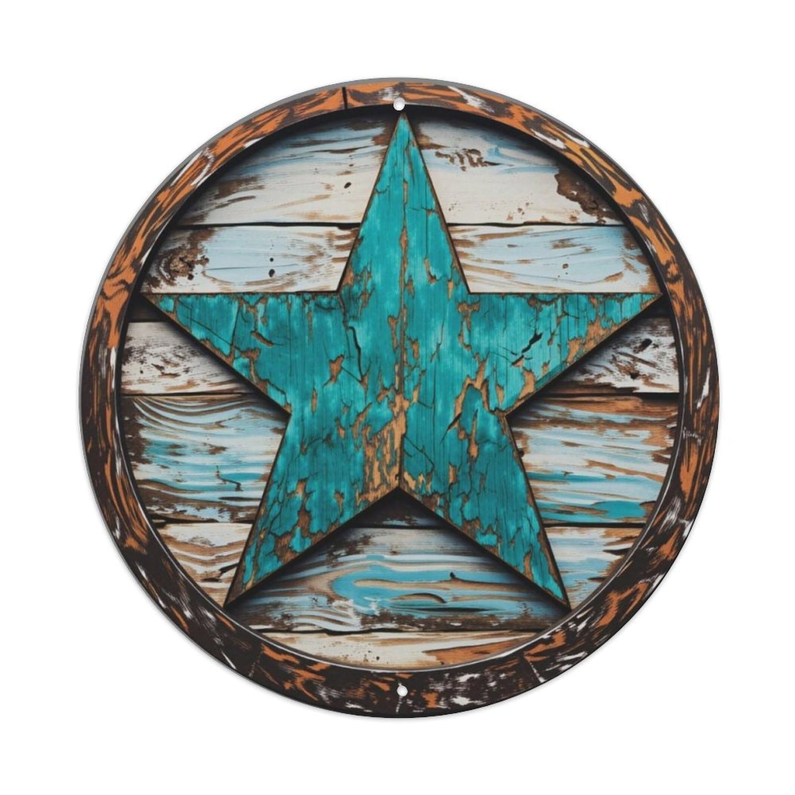 Distressed Wood Turquoise Texas Star Western Round Wall Decor Sign Vintage Aluminium Metal Sign, Retro Wall Decor for Home, Bar, Garage & Farmhouse 20x20cm
