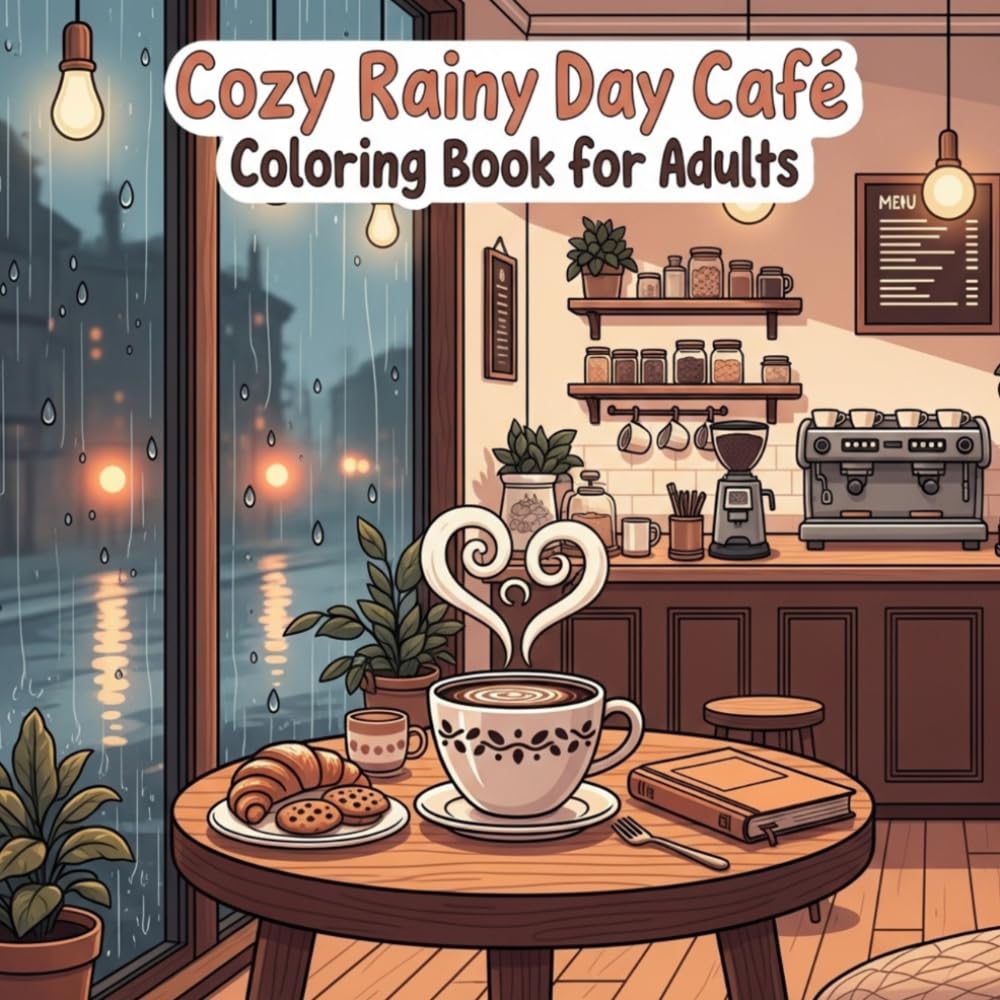 Cozy Rainy Day Café Coloring Book for Adults