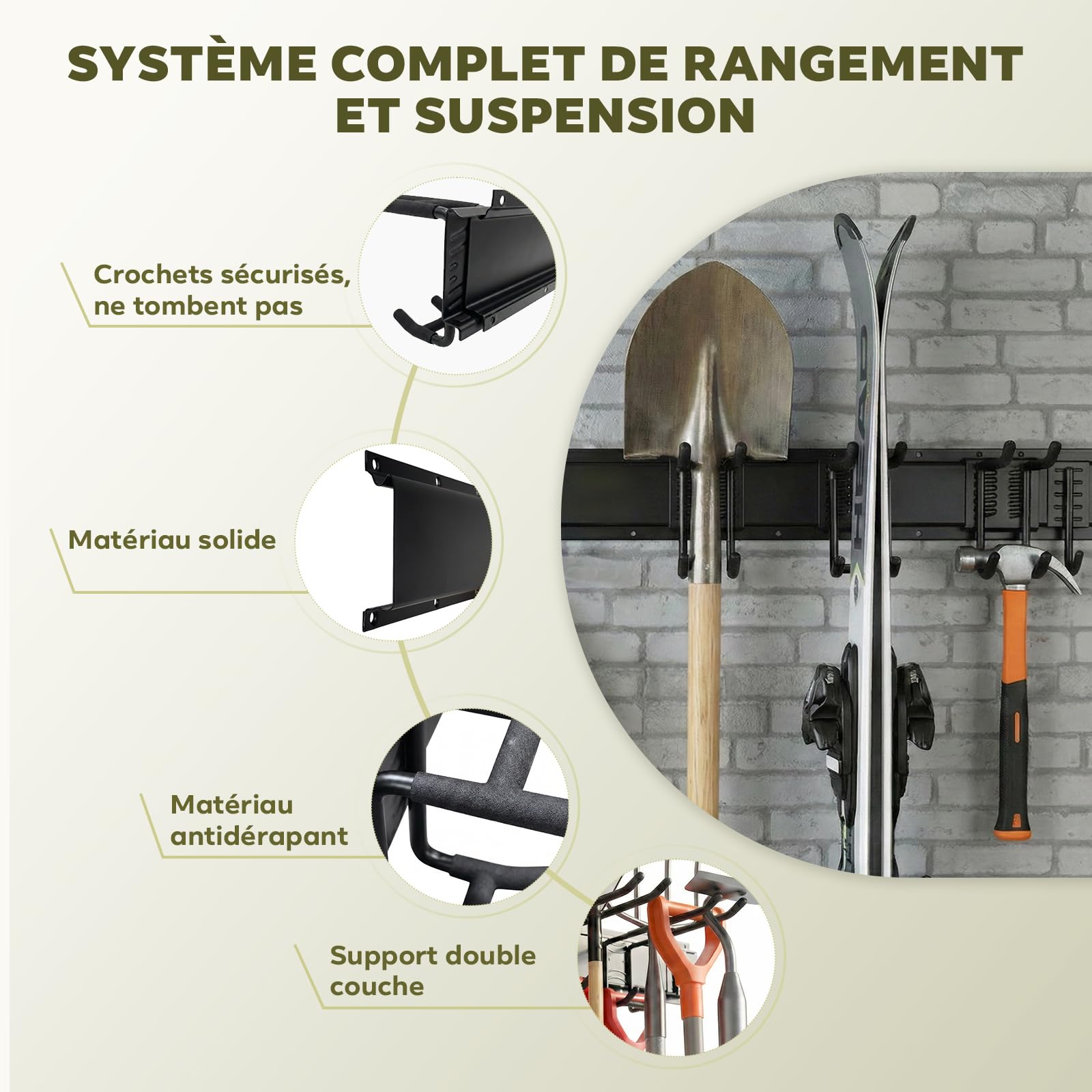 Range-mural pour Outils de Garage – Rail de Rangement 81 cm avec 6 Crochets (2 Types), Crochets Caoutchoutés, Capacité 140 kg, pour Outils de Jardin, Skis, Balais, Pelles – Fixation Murale