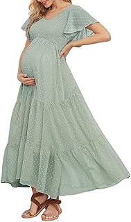 Swiss Dot Smocked Maternity Dress for Baby Shower Photoshoot Casual V Neck Ruffle Sleeve Empire Waist Tiered Boho Dress - Buy now