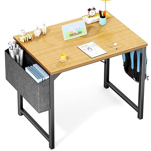 OLIXIS Small Computer Desk Home Office Work Study Writing Student Kids Bedroom Wood Modern Simple Table with Storage Bag & Headphone Hooks, 32 Inches, Nature