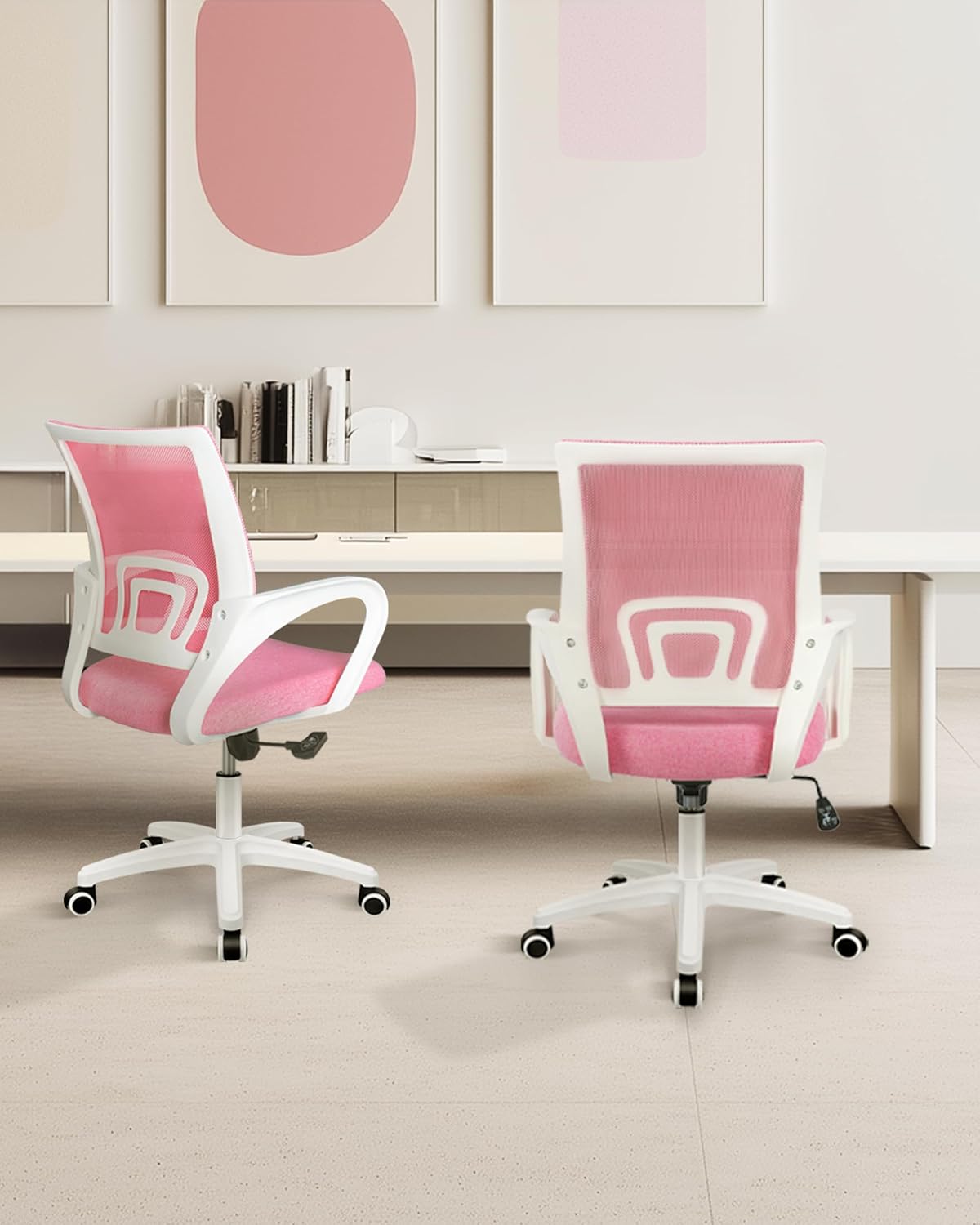 NEO CHAIR Office Desk Computer Chair Ergonomic Mesh Gaming Cushion Seat with Comfy Lumbar Mid Back Support Adjustable Height Swivel Rolling Wheels for Home Task (Pink)