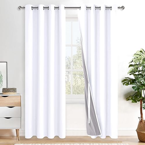 XWZO 100% Blackout Curtains 2 Panels with Tiebacks- Heat and Full Light Blocking Window Treatment with Black Liner for Bedroom/Nursery, Grommet Top, White, W52 x L84 Inches Long, Set of 2