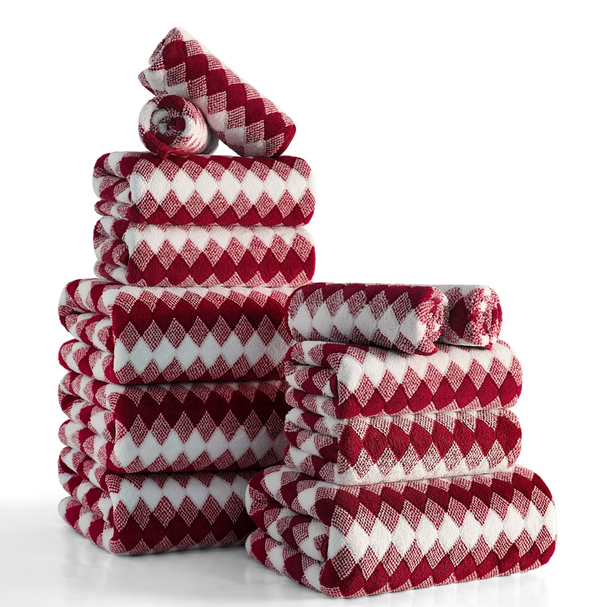 Photo 1 of 12 Pcs Burgundy Diamond Towel Set-4 Bath Towels,4 Hand Towels,4 Washcloths Soft Polyester Towels with Loop Absorbent Shower Towel Quick Dry Beach Chair Towel Family Towels for Bathroom Spa Gym Pool