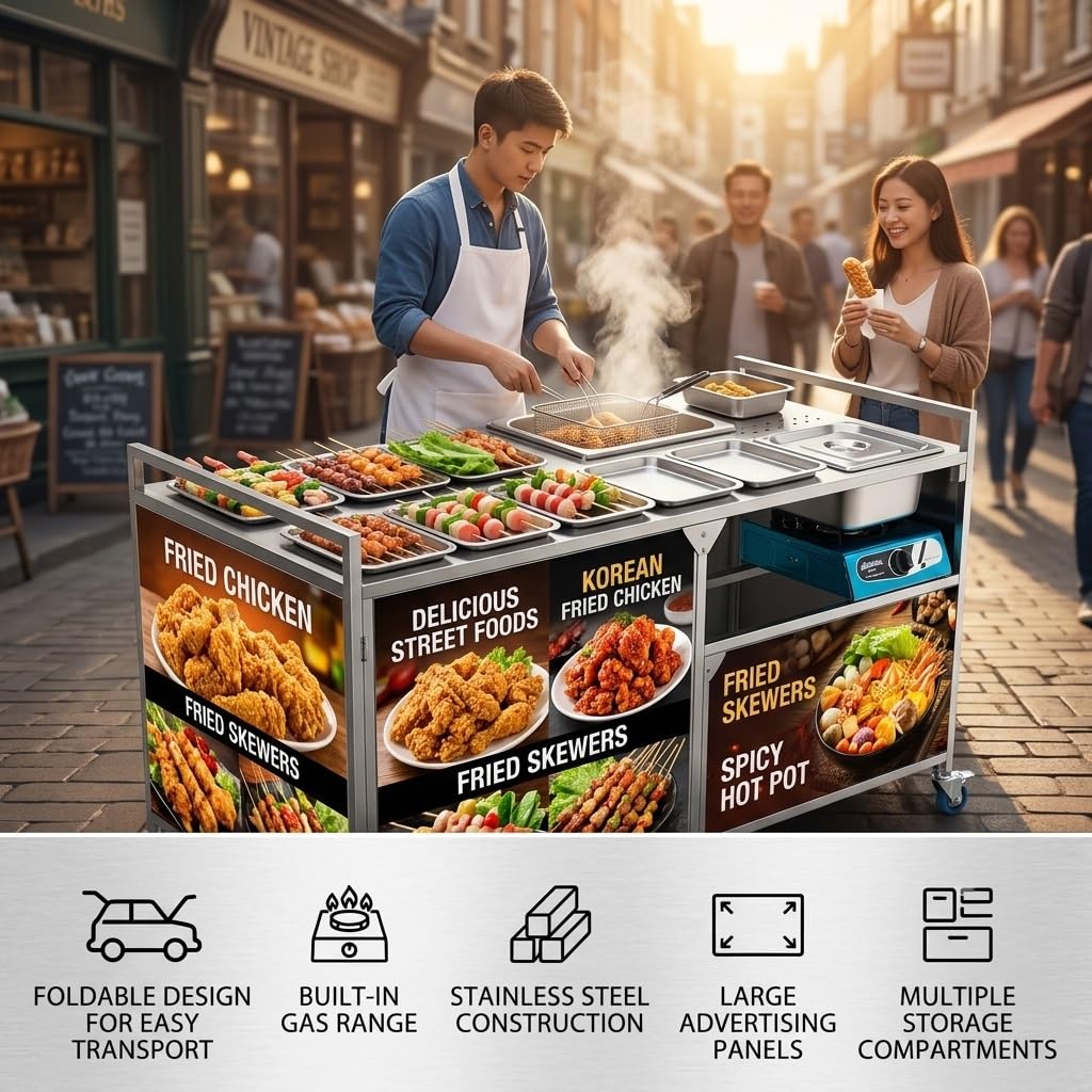 Carretto mobile per street food, Food Trailer e Food Truck completamente attrezzati, Banco espositivo portatile per mercati, street food ed eventi