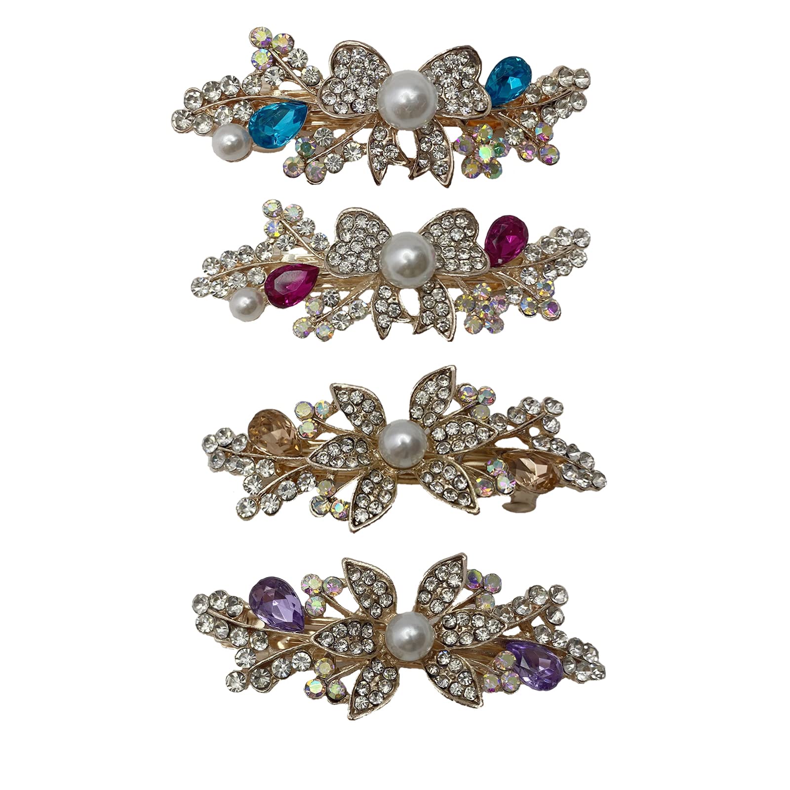 Briskyto4Pcs Hair Barrettes Crystal Rhinestones Hair Retro Pearl Vintage Metal French Hair Clips for Women Girls, Pink,Purple