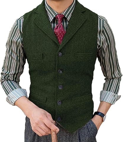 Tuikayoo Traje de hombre chaleco Slim Fit vestido de lana chaleco Tweed Herringbone para padrinos de boda