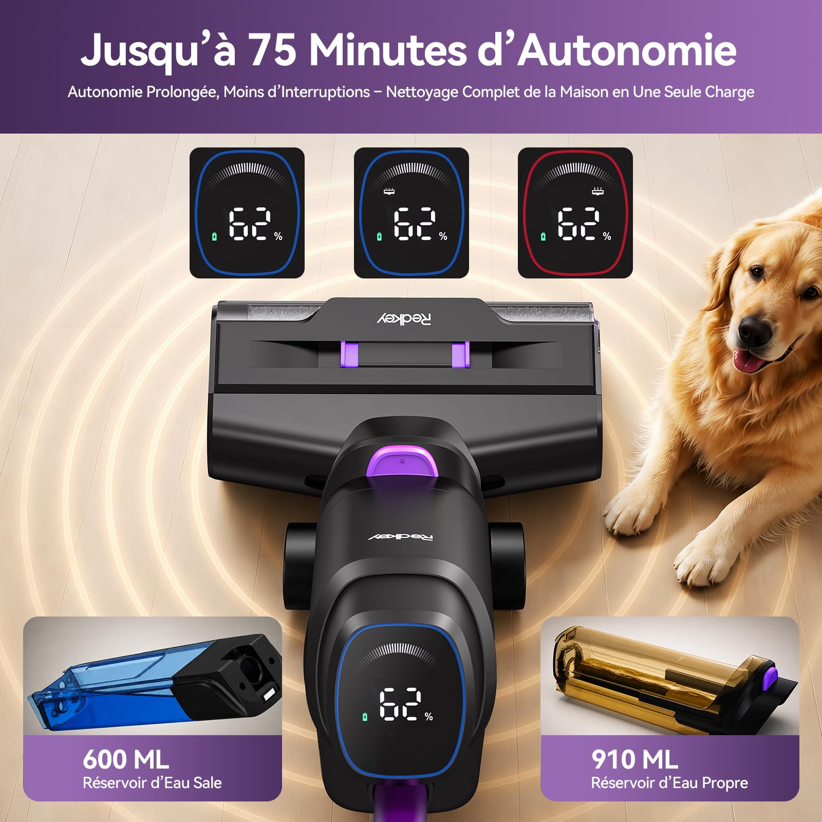 Redkey W15 Aspirateur Balai Laveur sans Fil, 26.000 Pa Balai aspirateur Laveur 3 en 1, Aspiration Puissant Eau et Poussière, 5mm Simple Lamination, Longue Autonomie, LED écran Digital, Auto-Nettoyage