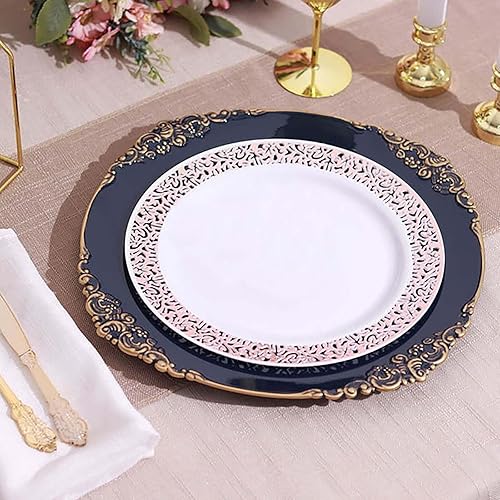 Vista 20 de Efavormart.com Efavormart - Paquete de 6 platos barrocos redondos de oro rosa transparente de 13 pulgadas, borde en relieve de hojas para decoración