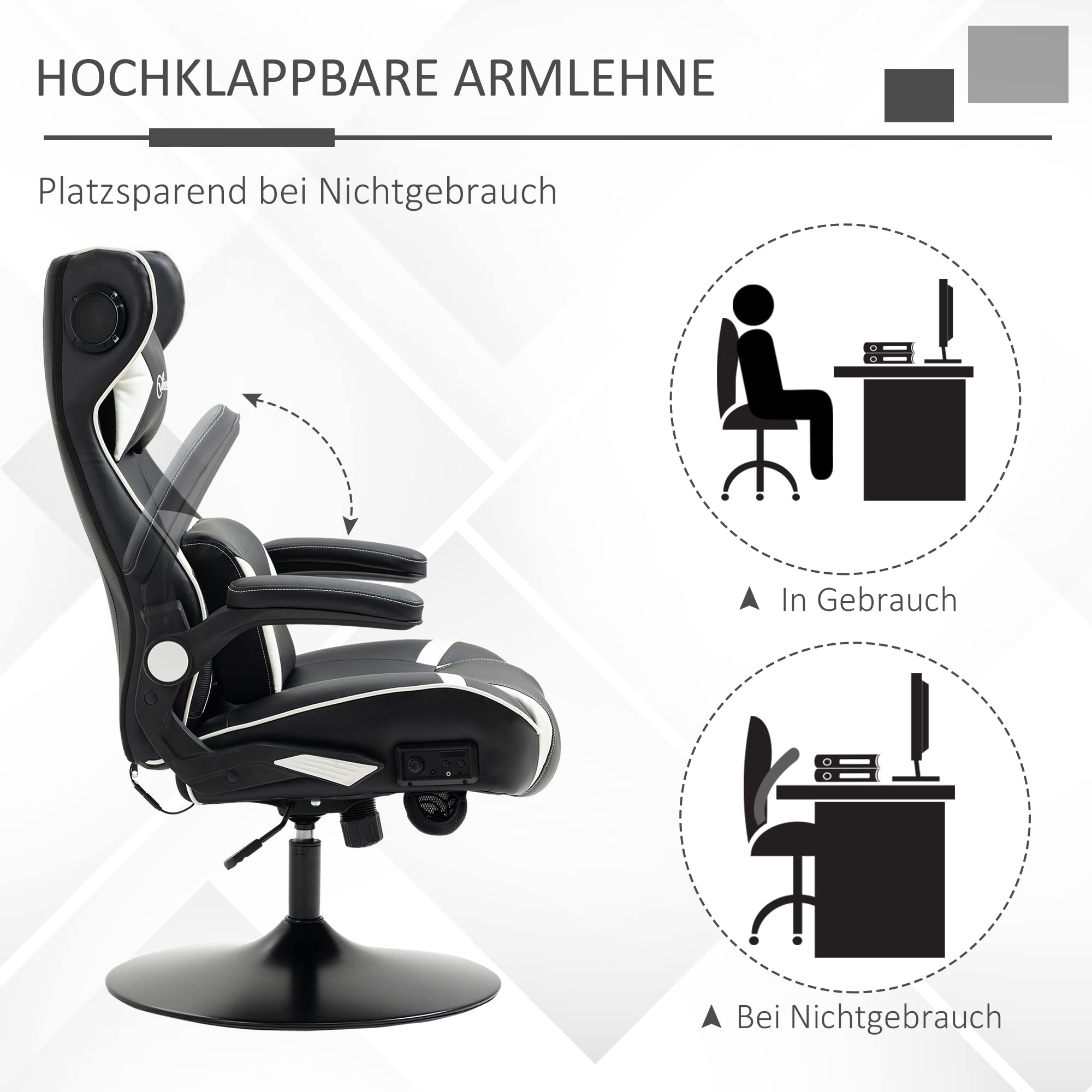 Vinsetto Sedia da gioco con funzione basculante, sedia da ufficio regolabile in altezza, sedia ergonomica per computer con altoparlante, supporto lombare e collo per sala giochi, ecopelle bianco+nero
