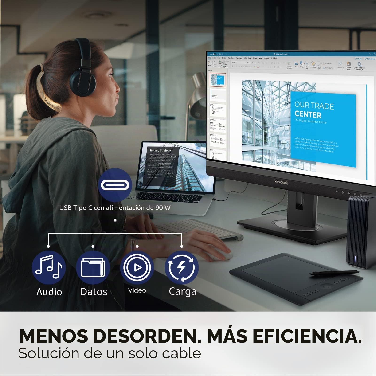 ViewSonic VG2756V-2K Monitor de videoconferencia de 27 Pulgadas 1440p con cámara Web, alimentación de 2 vías USB C de 90 W, Acoplamiento Gigabit Ethernet RJ45 Integrado, ergonómico de inclinación de