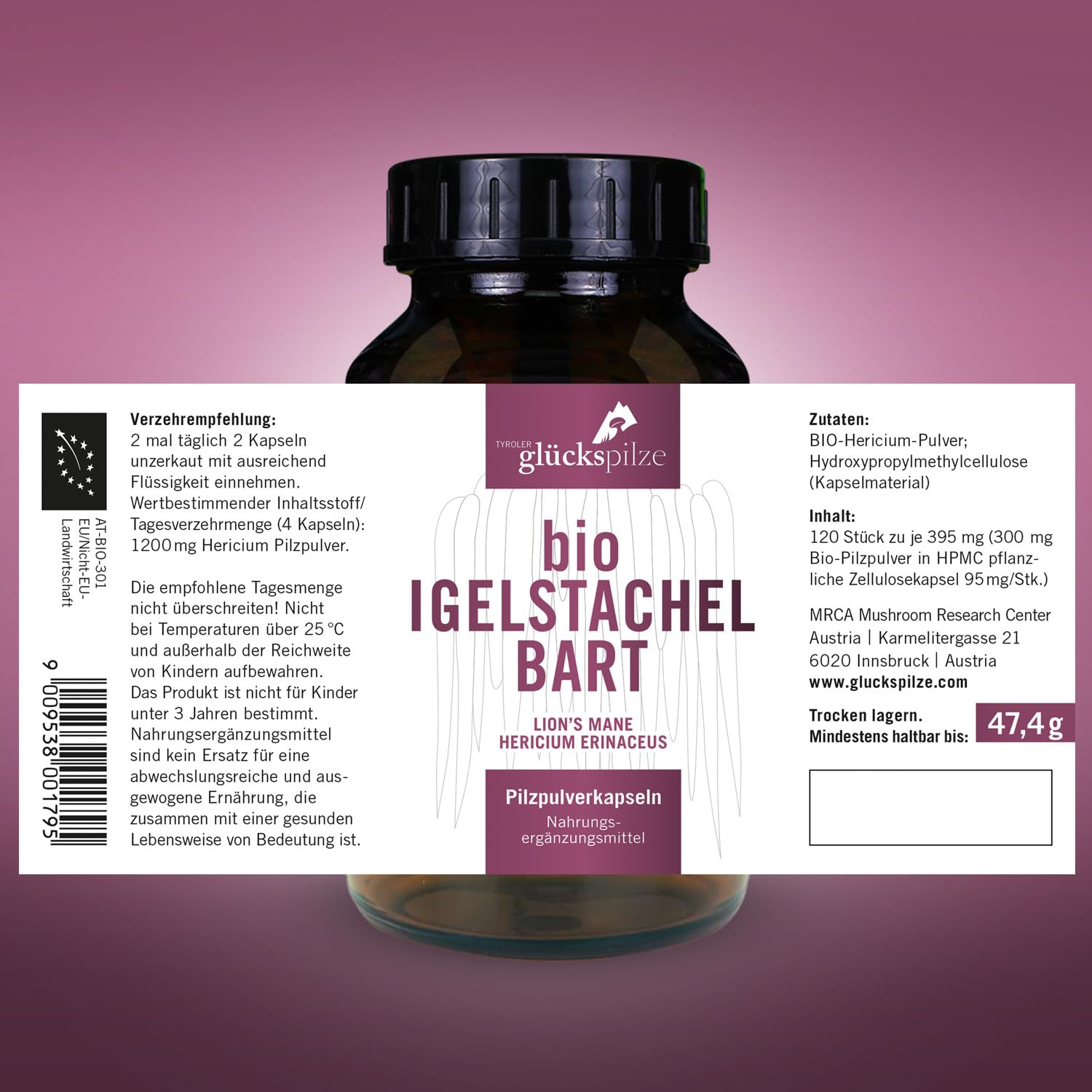 BIO Hericium Kapseln - Löwenmähne, Lions Mane, Igelstachelbart vom ganzen Pilz - Vitalpilz Hericium erinaceus Pilzpulverkapseln ultrafein vermahlen - AT-BIO-701 Bio-Zucht in Österreich - 120 Stk