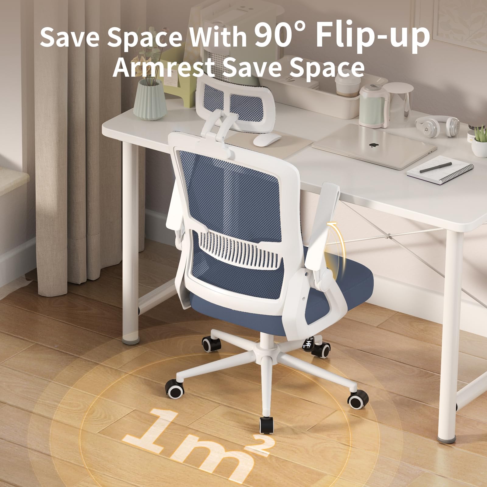 Rattantree Office Chair, Ergonomic Desk Chair With Adjustable Headrest And Lumbar Support, Breathable Mesh Back 90° Flip-up Armrests 360° Swivel Chair, White - View #5