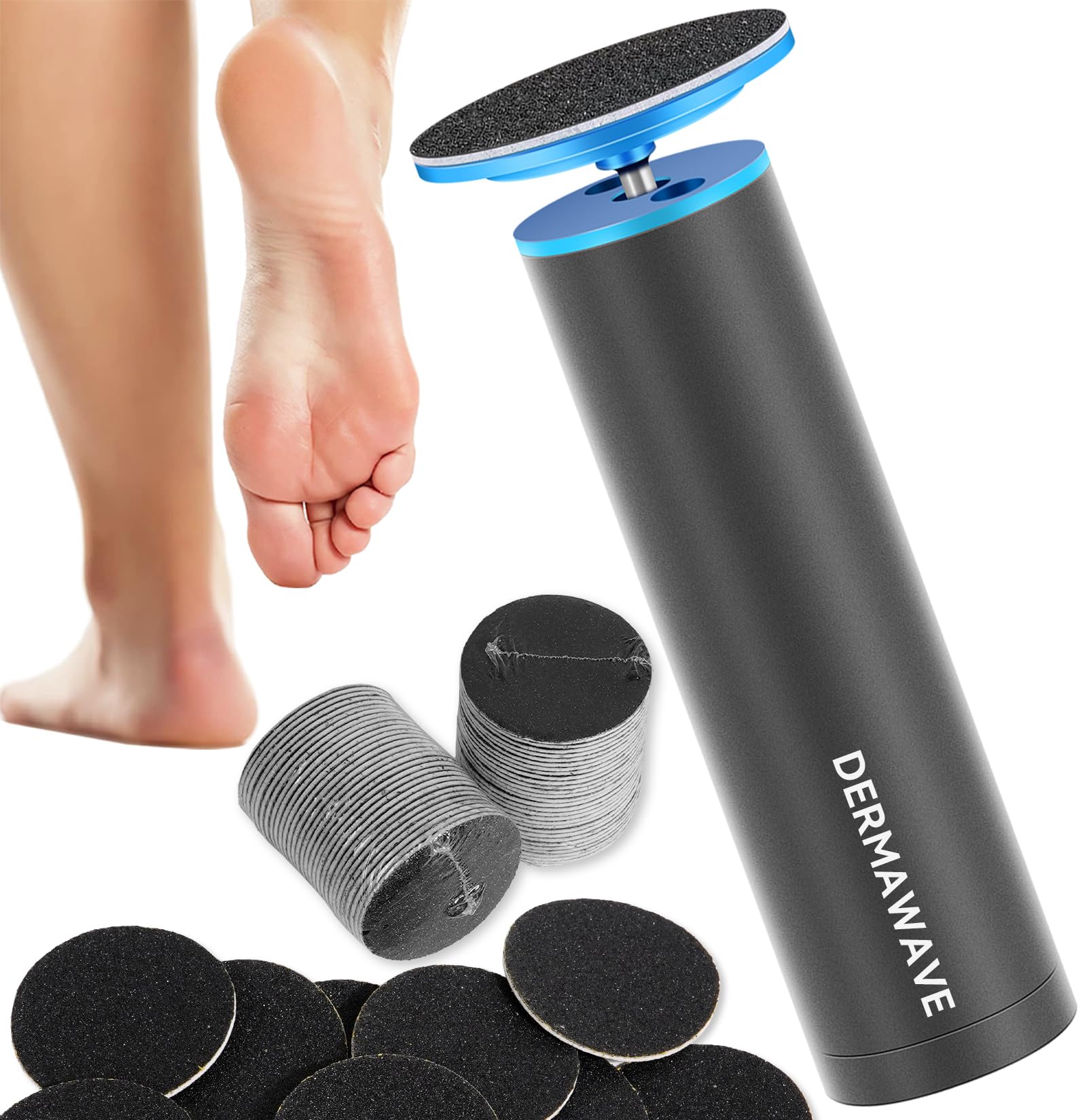 DERMAWAVE Lima eléctrica para pies, removedor de callos para pies, herramienta de pedicura profesional con 60 discos de papel de lija para hombres y mujeres