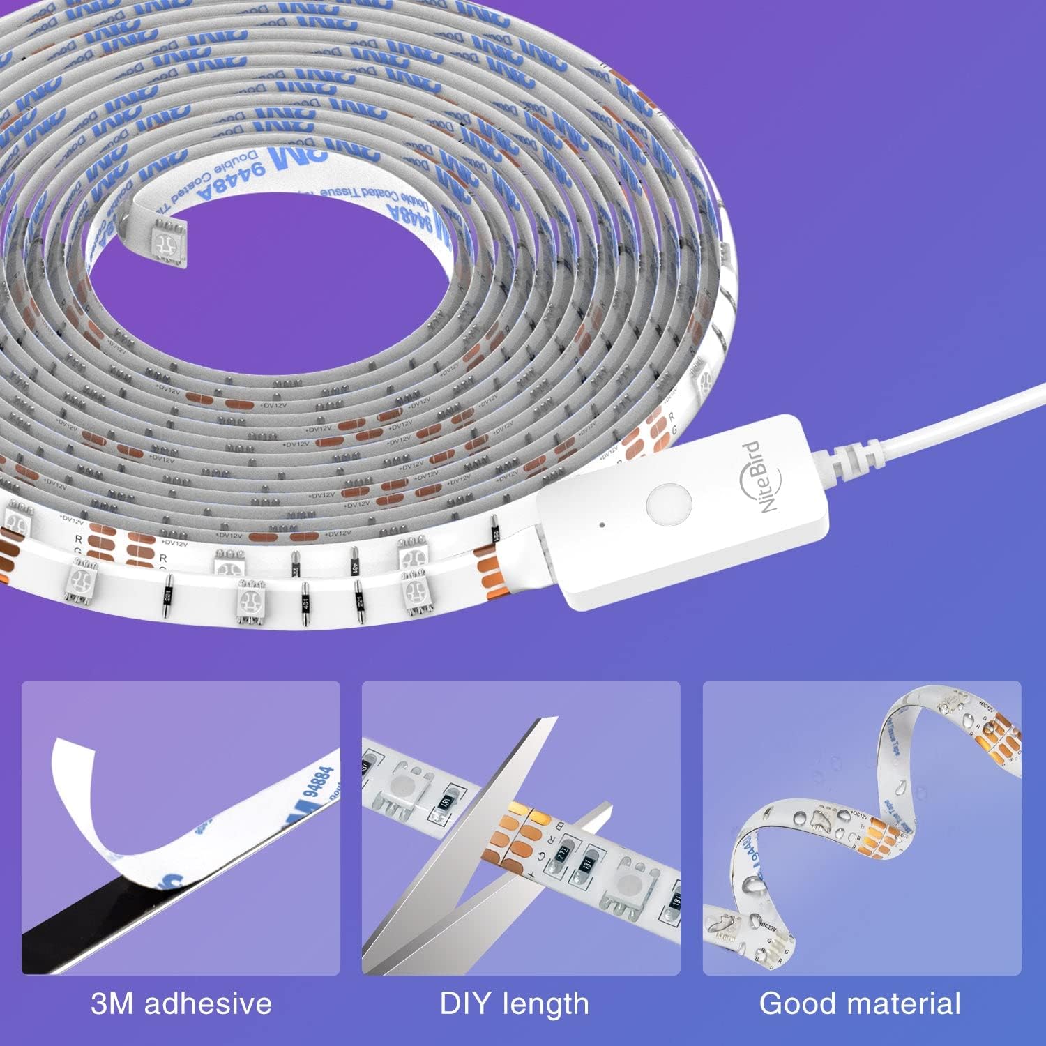 Close-up of the LED strip showing 3M adhesive backing, a pair of scissors cutting the strip at a designated mark, and the strip's durable material.