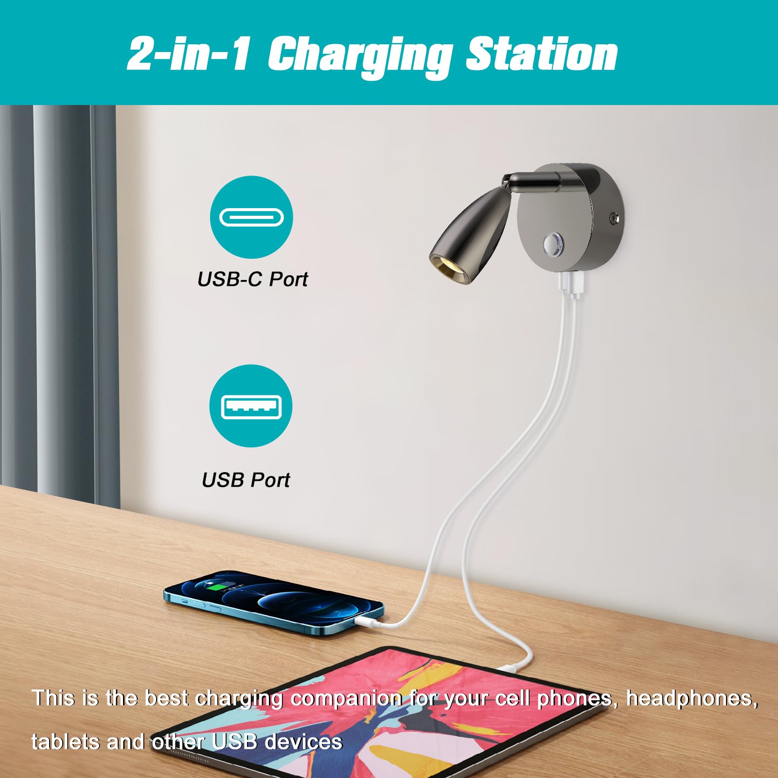 ERWEY 2pcs lampes de lecture 12V pour camping-car, luminosité réglable et 3 modes de température de couleur, lampe murale avec connecteurs USB A+C pour voiture, van et caravane, noir brillant