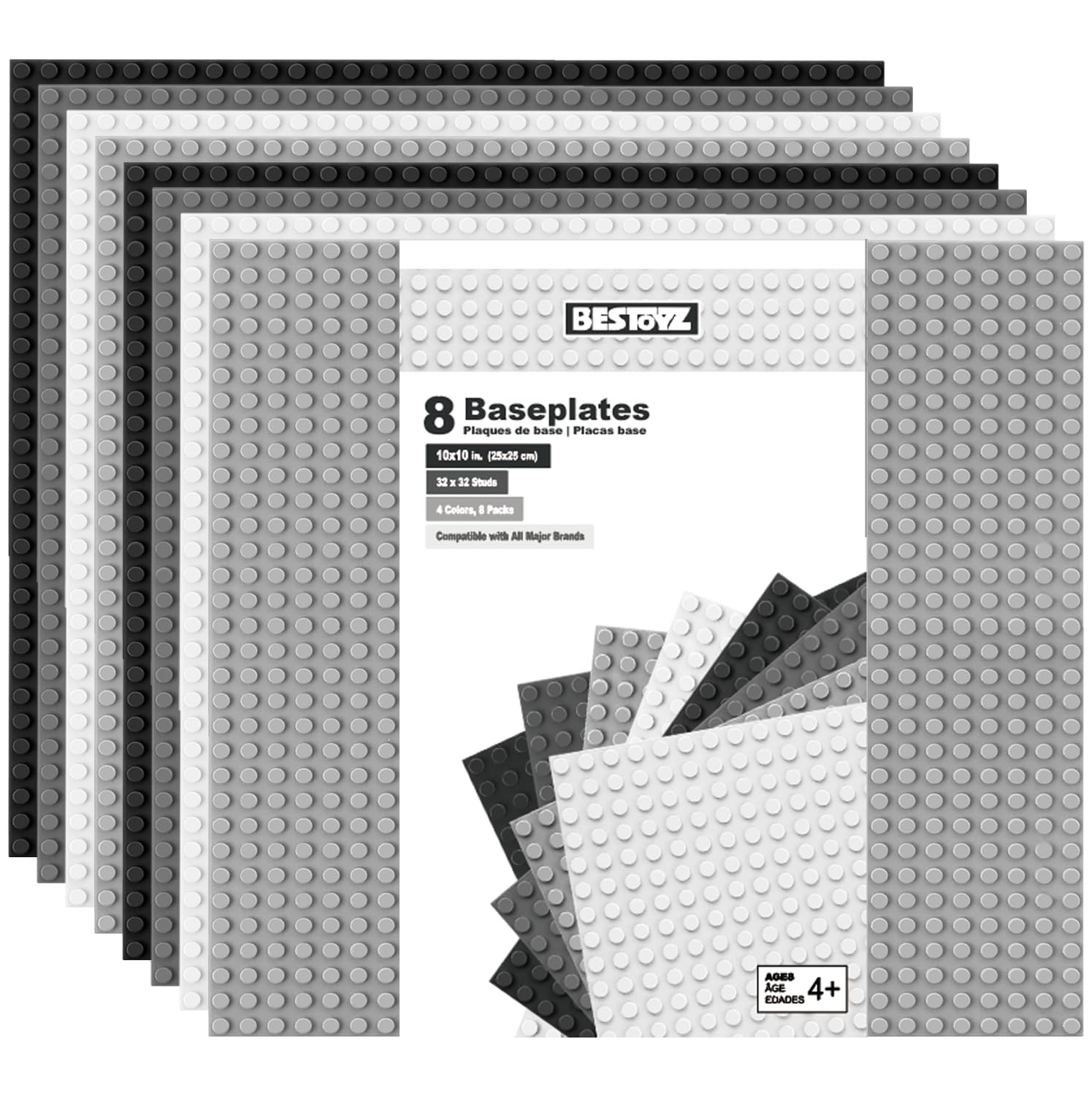 Building Bricks Baseplates Multipack 32x32 Stud, 8 Pack of Base Plates in Color of Black, Dark Grey, Light Grey & White, Foundation & Display for Building Blocks, 10x10 in. (25.5x25.5 cm)