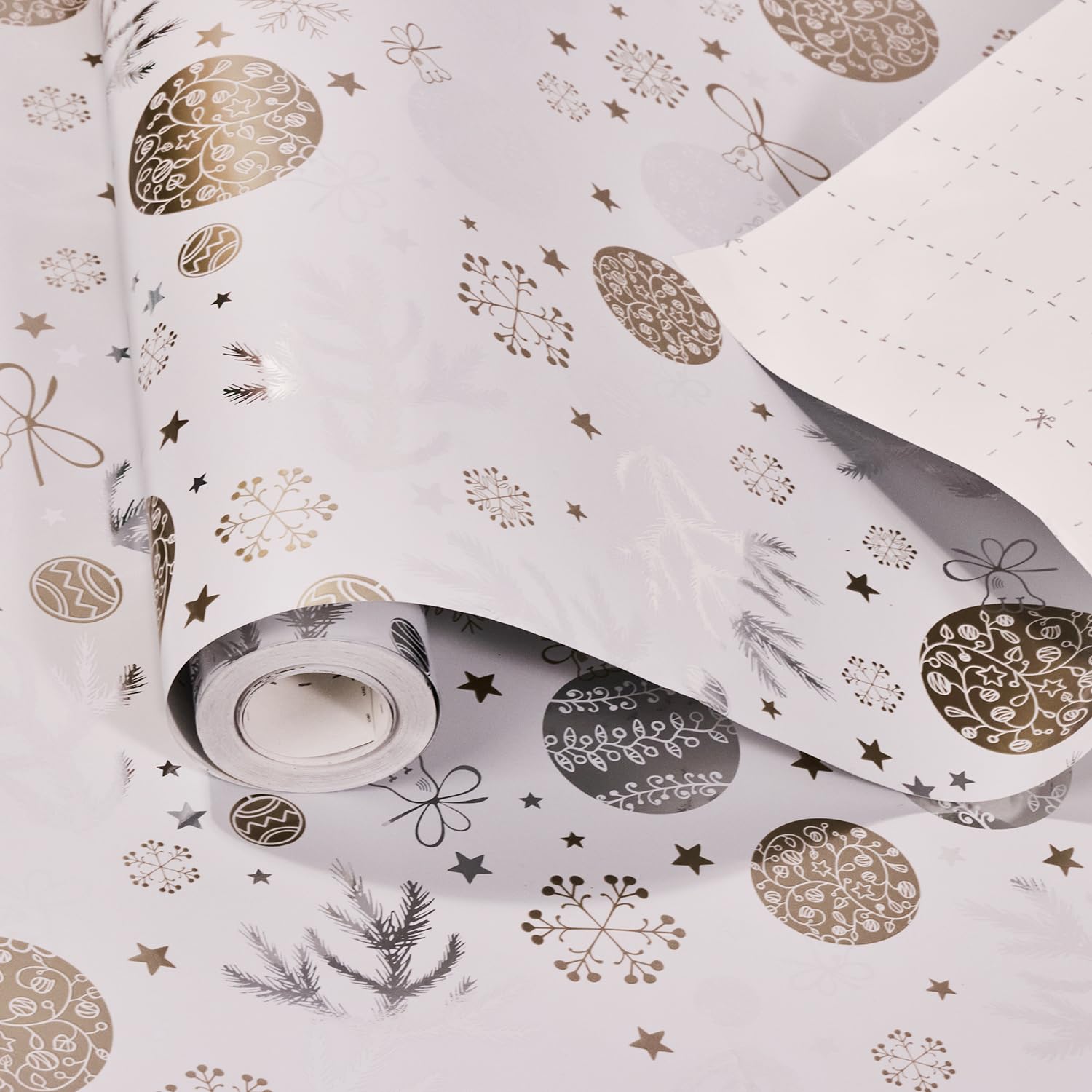 Christmas Wrapping Paper Roll,43cm x 10m Xmas Gift Wrapping Paper,Metallic Gift Wrap Paper with Snowflake Xmas Tree Pattens for Christmas,Party,Festive Decorations (white) â image 1