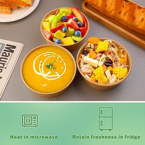 Miniatura 4 de Ensaladeras de papel de 25 onzas, cuencos de papel desechables con tapas transparentes, recipientes desechables de papel kraft de forma redonda para