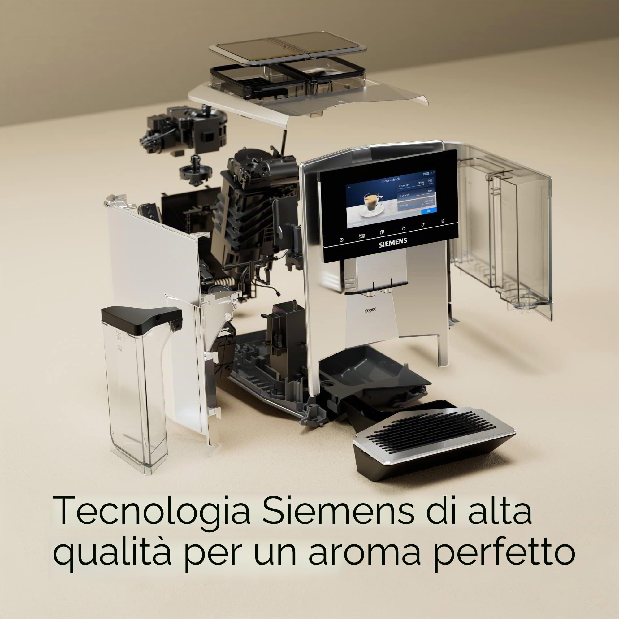 Siemens Macchina da caffè EQ900 TQ907D03, controllo app, display full touch, modalità barista, riduzione del rumore, fino a 10 profili, pulizia automatica del vapore, 2 contenitori per fagioli, 1500