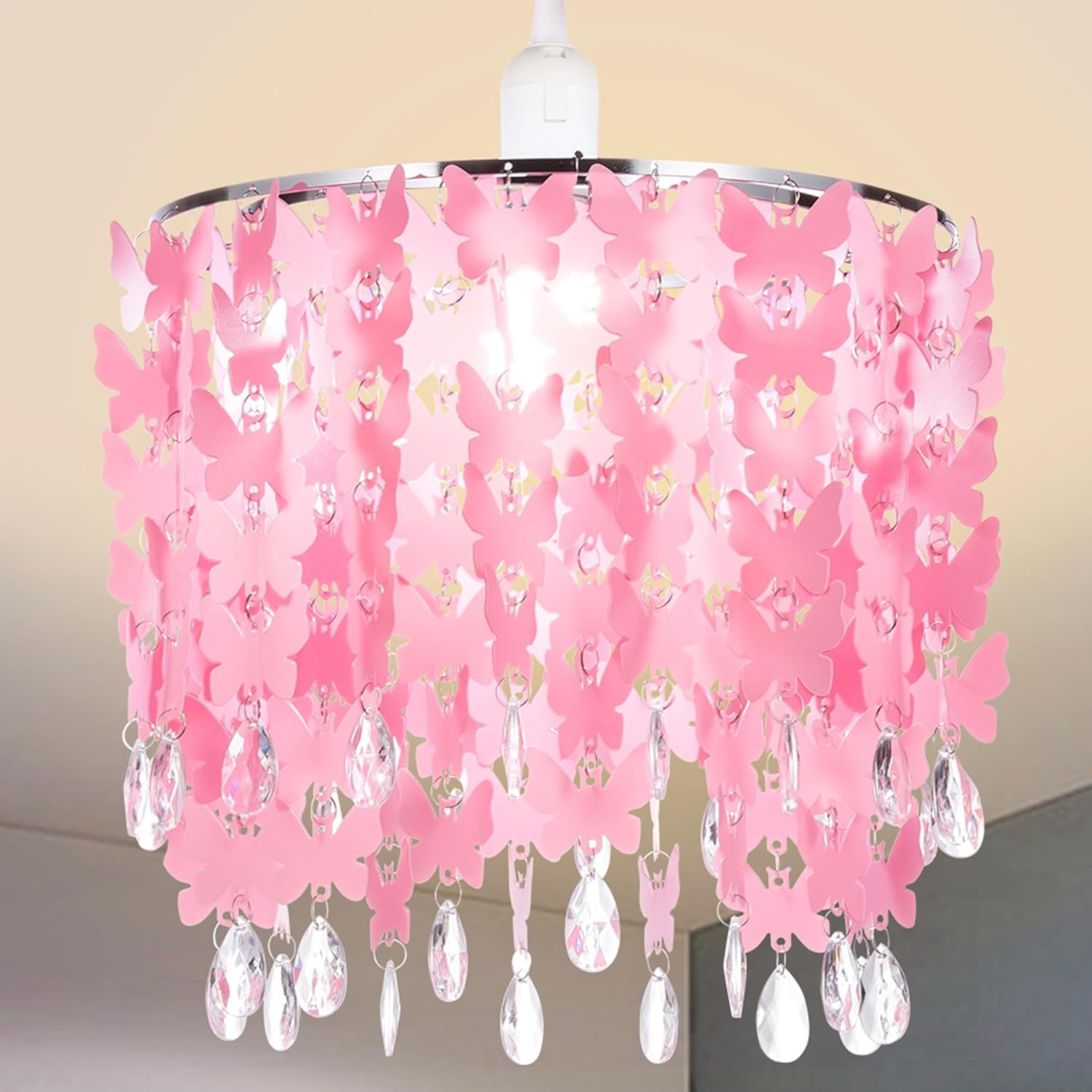 Photo 1 of 11.8" Butterfly Light Shade for Ceiling Pendant Light, Dreamy Lightshade with Crystal Beads, Acrylic Chandelier Shades, Crystal Lamp Shade with Star Light Effect for Girl  ’s Bedroom Decoration, Pink
