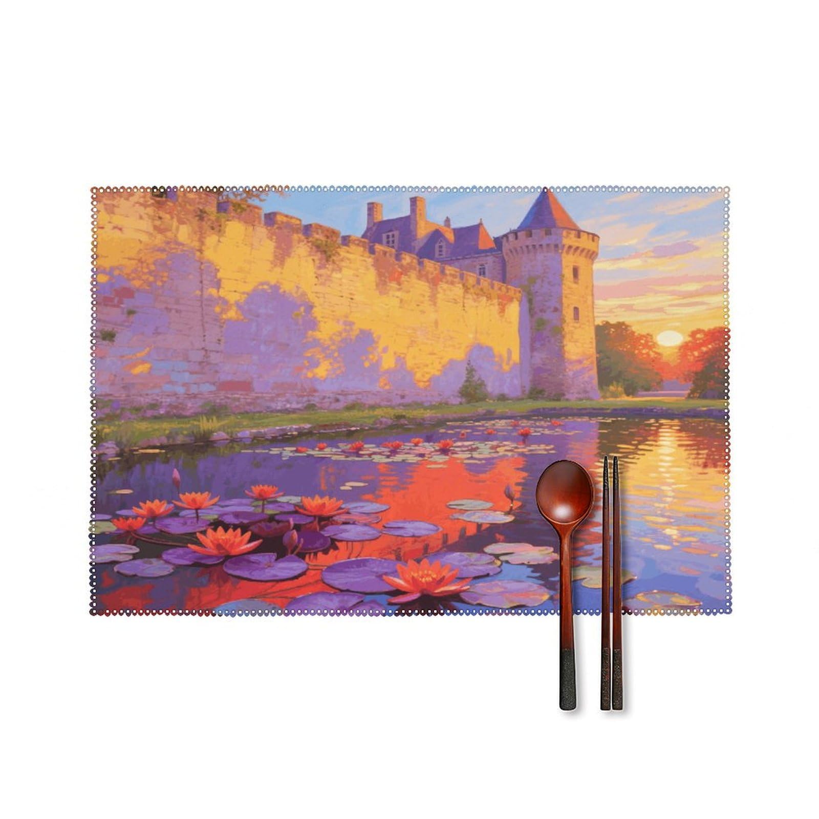Monet Waterlily Wall Placemats Set of 4 Heat Resistant Non-Slip Place Mats for Dining Table Washable Placemat Wipeable Dining Table Mat Canvas Place Mats Dining Table Decor