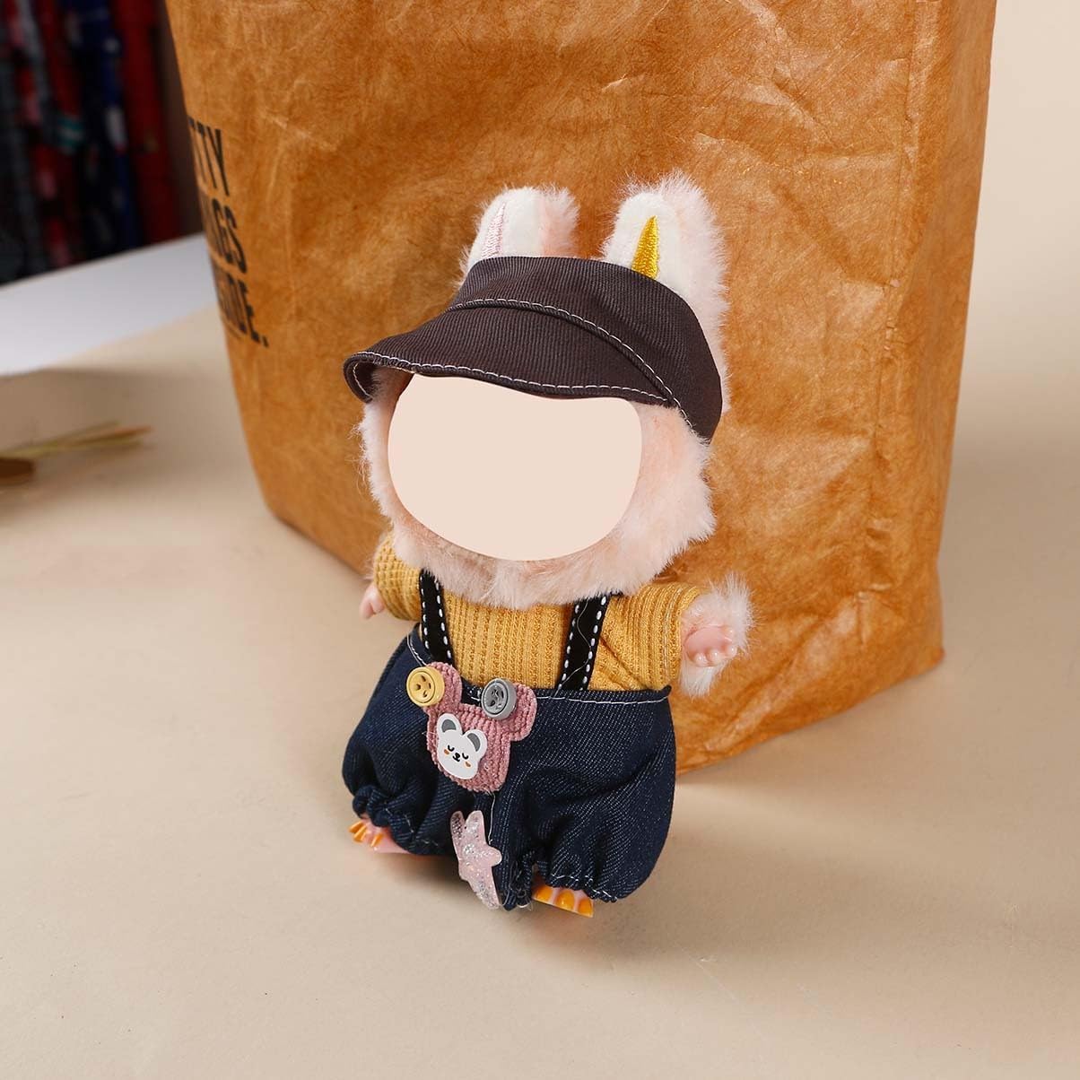Compatible with Labubu 15cm/17cm(NO Doll Included) - Brown Cap + Yellow Knit Top + Navy Denim Overalls Set, Doll Outfit with Star & Bear Decor