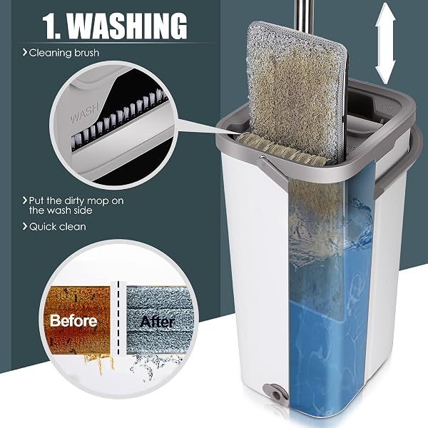 Myiosus Serpillière Seau Essoreur, Balai Serpillère Essoreur avec Seau, Balai Plat Rotatif 360° avec Poignée en 140 cm, Mop Serpillere et 5 Tampons en Microfibre Réutilisables pour Nettoyage de Sol - 2