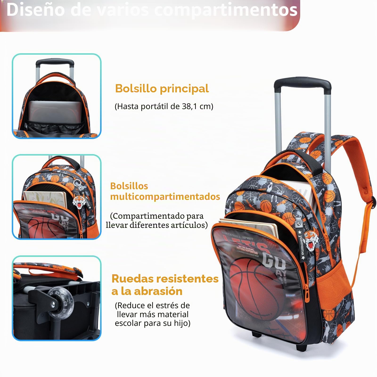 Mochilas Escolares con Ruedas Carro Niño 17" 3PCS Mochila Carrito para Trolley Escolar Bolso de Viaje Estuche Stitch Chicos Maleta Colegio Grande Medianas Infantil Niños Baloncesto Rojo