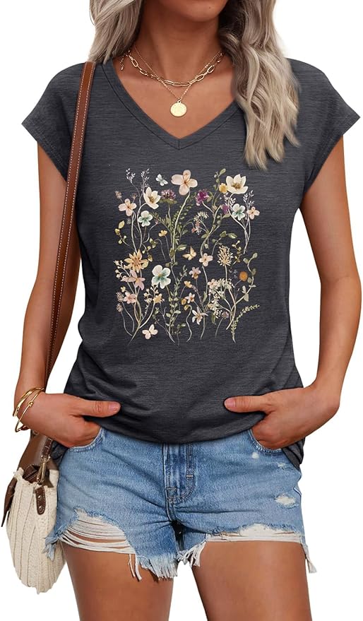 Women's Cap Sleeve Vintage Flowers V Neck Graphic T-Shirt