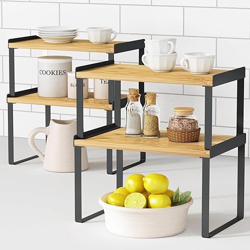 Juego de 4 estantes organizadores de armario de cocina, estante expandible para platos, tazas, especias, estante elevador apilable para despensa,