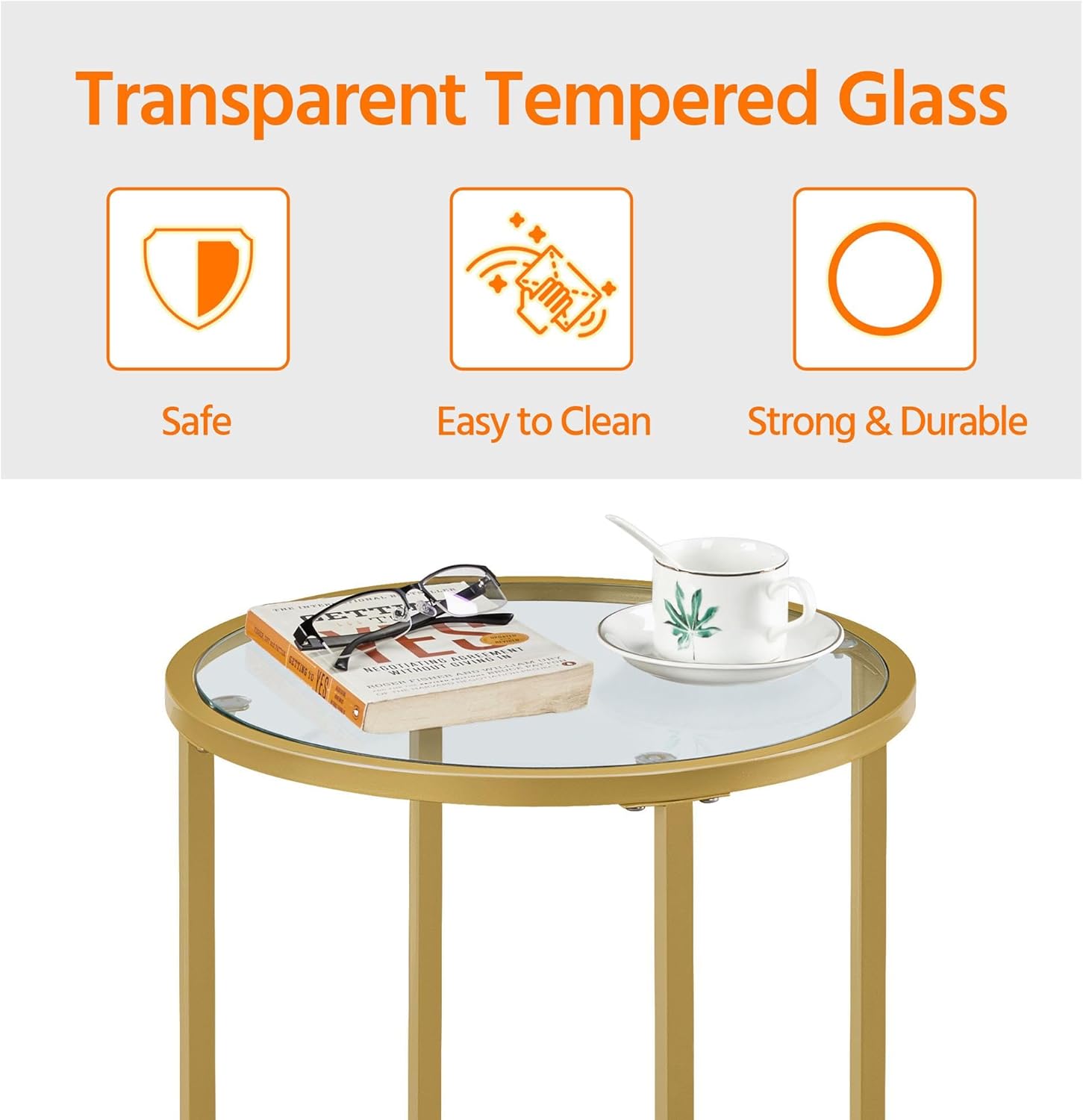 Yaheetech Gold Side Table Set of 2, Round End Tables Tall Nightstand Bedside Table Set w/Glass Top & Metal Frame for Living Room/Balcony/Bedroom/Small Space, Easy Assembly, Modern Style, Mustard Gold
