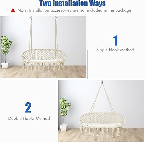 Miniatura 2 de Giantex Silla hamaca de 2 asientos, silla colgante de macramé con cojín, cuerdas de algodón colgantes, marco de metal, capacidad de 330 libras para
