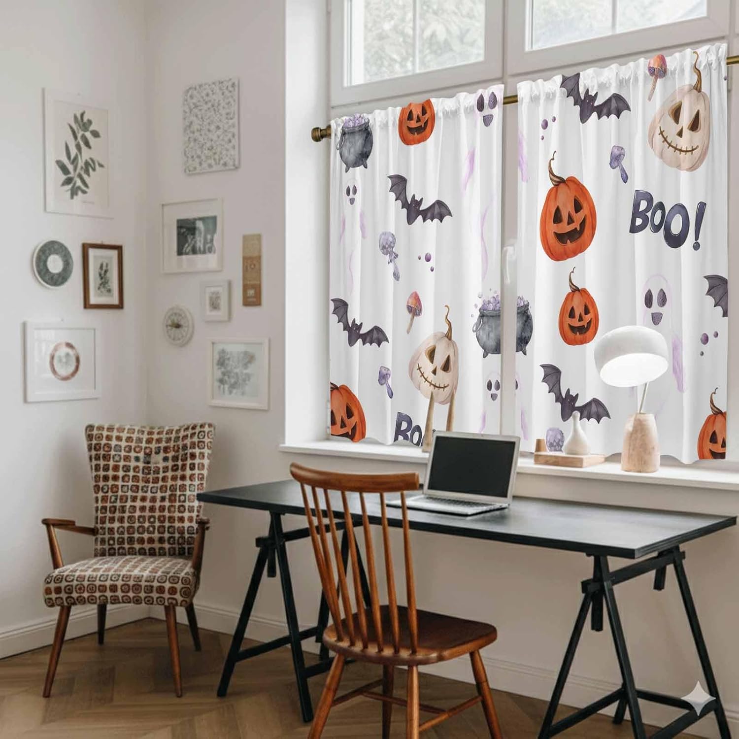 Halloween Kitchen Tier Curtains 45 Inch Long 2 Panel Set, Rod Pocket Short Window Treatment, Bat Pumpkin Ghost Candy Fall Seasonal Light Filtering Curtains & Drapes for Bathroom Basement 27.5"W x 45"L