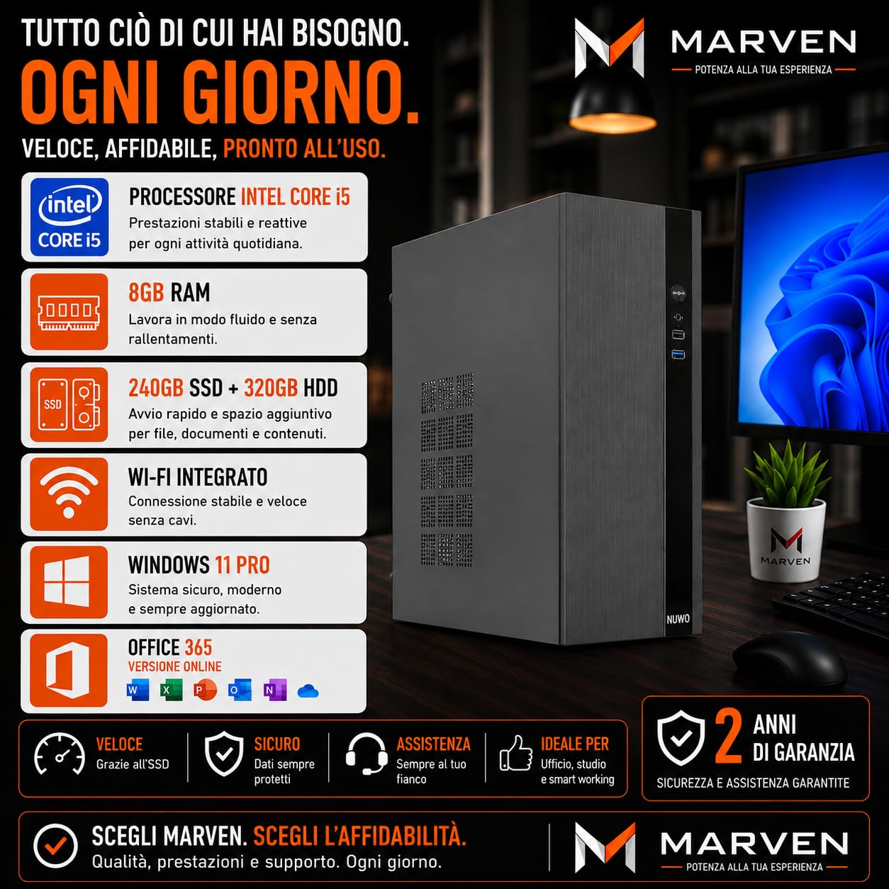 MARVEN PC Ufficio Office Intel Core i5, 8GB RAM, 240 GB SSD + 320 GB HDD, Windows 11 Pro, WiFi, Computer Desktop Fisso Professionale Pronto all'Uso