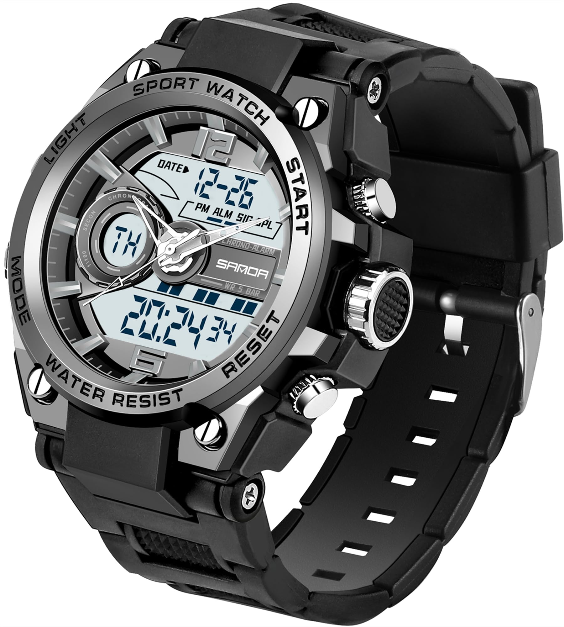 PINIDOUS Relojes Hombre Relojes Deporte Digital Hombre,Pantalla Digital Analógica Relojes con Impermeable Alarma,Cronómetro,Timbre horario,Relojes Militares Multifunción