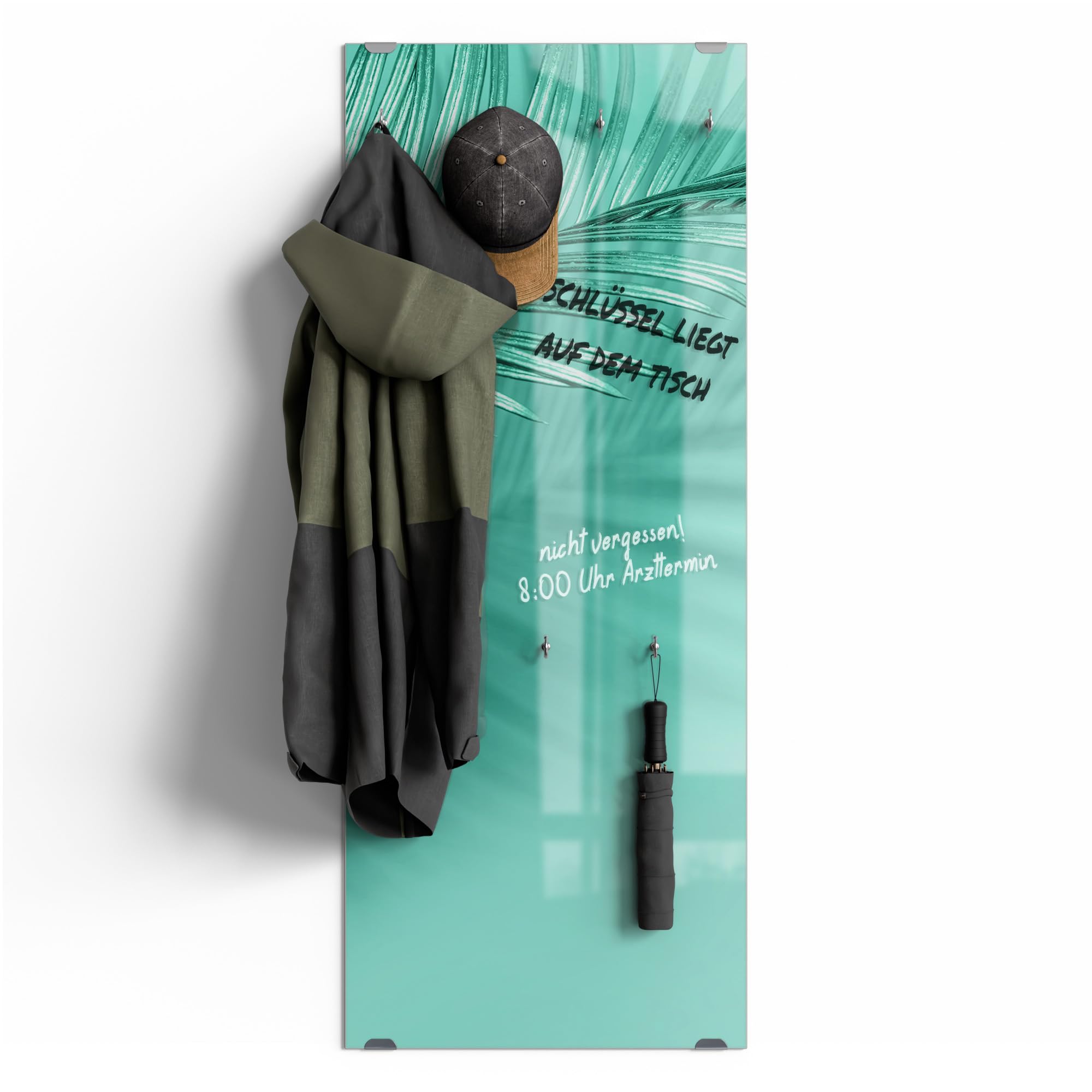 DEQORI Wieszak na ubrania ze szkła z nadrukiem motywu | wzór pionowy, 50 x 125 cm | motyw gry palm w kolorze miętowym | szkło bezpieczne ESG z 7 haczykami – możliwość pisania i łatwy montaż – łatwy w