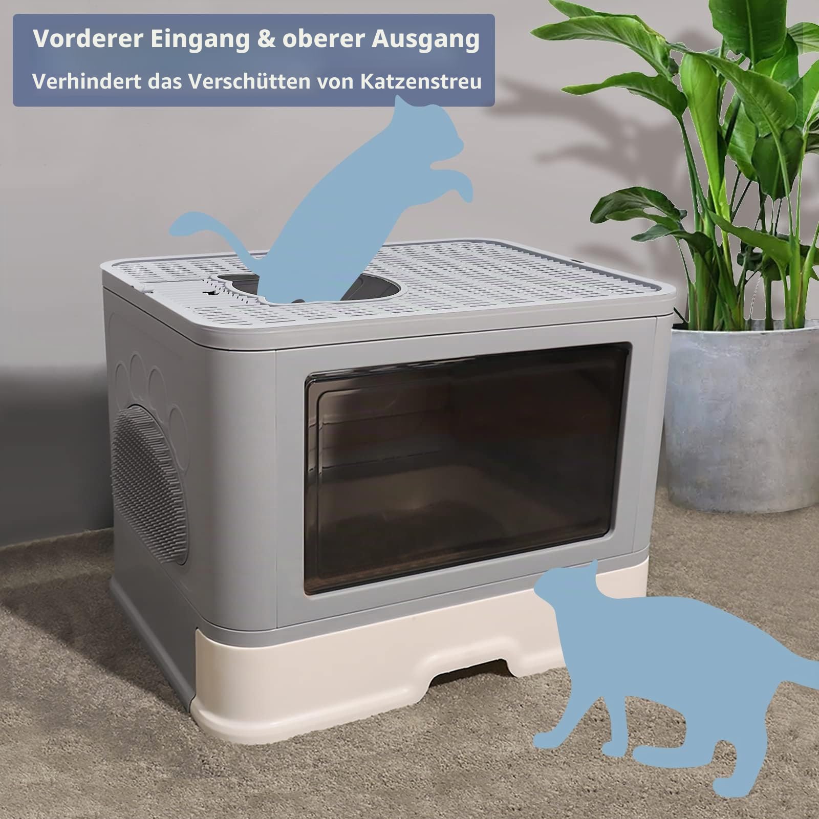 Faltbare Katzentoilette mit Deckel vorne und oben Ausgang, Katzentoilette, Aufbewahrung und Fellbürste, Design, Schubladenart, Katzenklo für Katzen, großes Fassungsvermögen, Grau