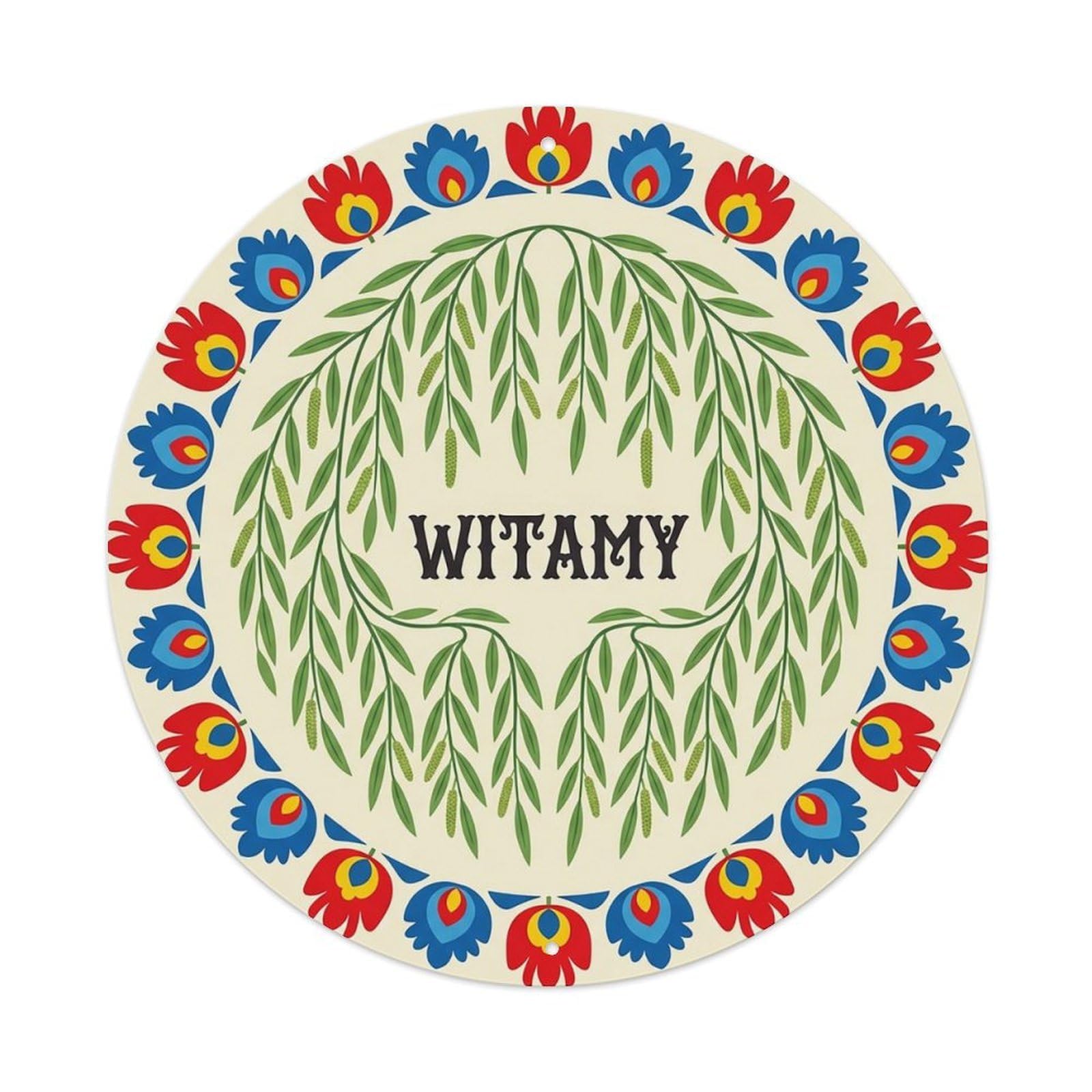 Vintage Polish Folk Art Witamy Welcome Willow Branch Metal Tin Sign