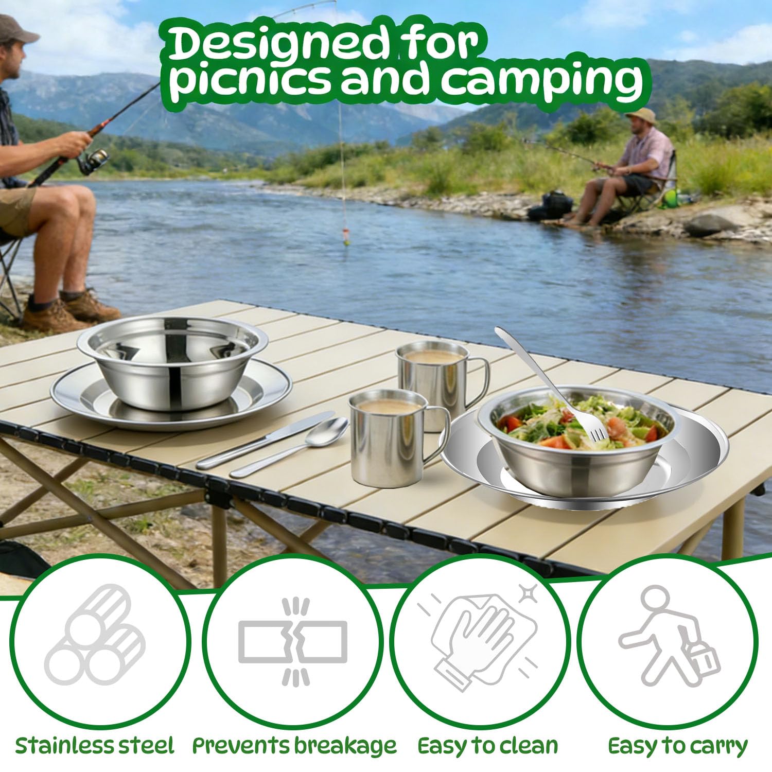Vajilla Camping,Vajilla de Acero Inoxidable,con Placa Tazon Tenedor Cuchara Cuchillo y Bolsa de Red,para Autocaravana,pícnic,Viajes,Aire Libre — view 3