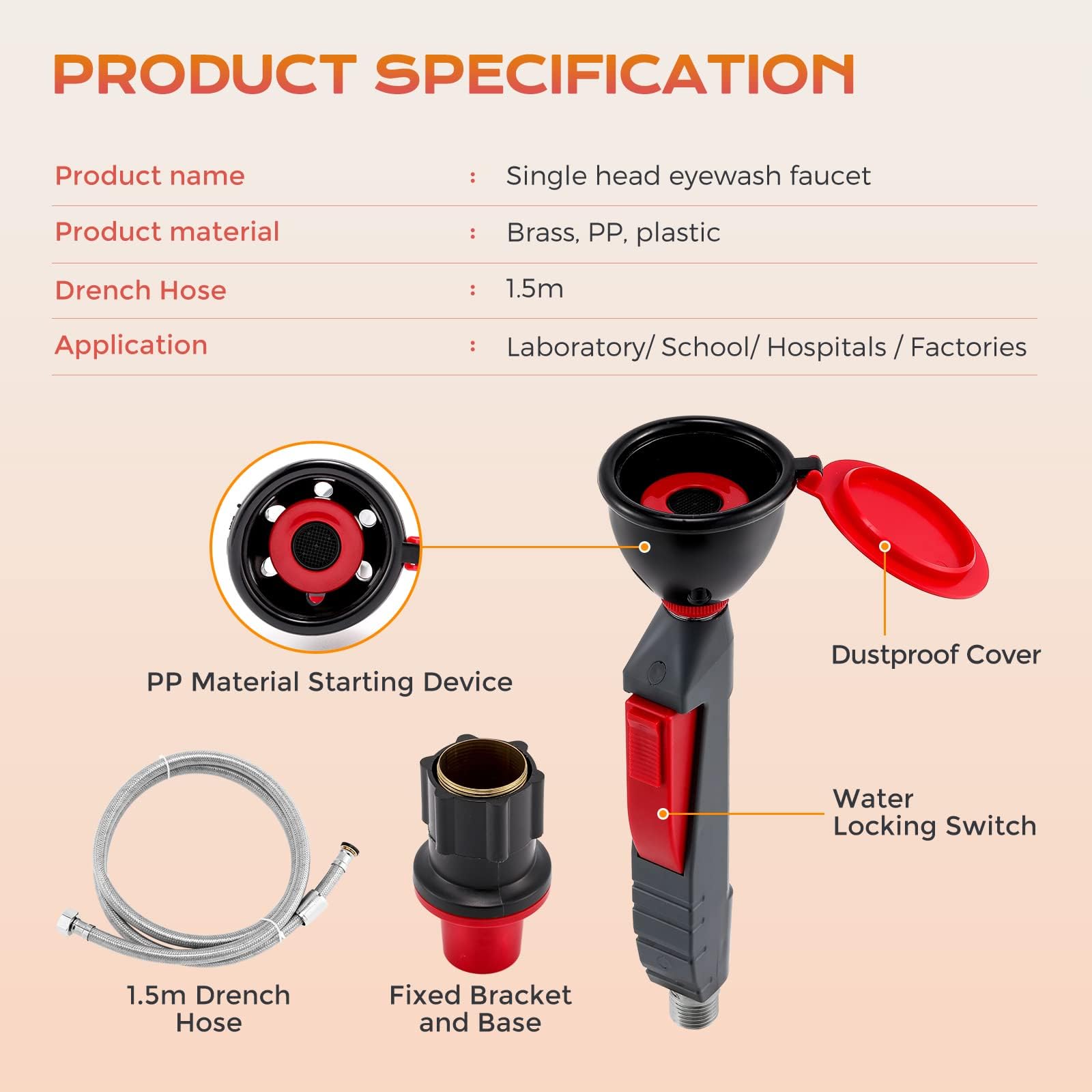 Station de lavage oculaire avec tuyau d'arrosage en acier inoxydable de 1,5 m – Buse de filtre multicouche, pulvérisateur moussant, utilisation en laboratoire et industriel – Interrupteur pratique ;