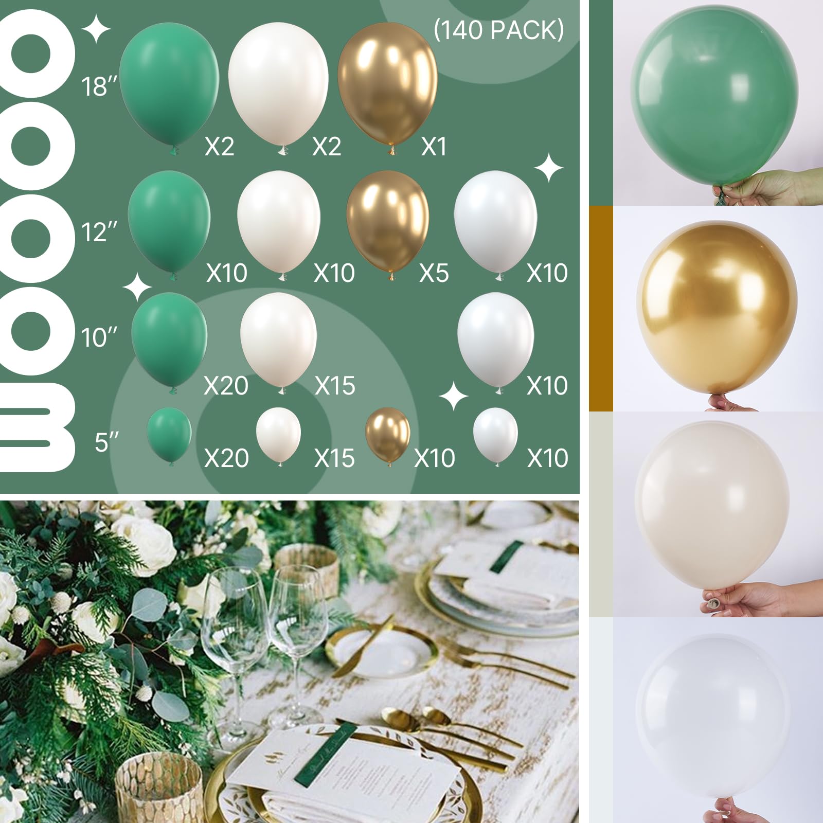 Buy PartyWoo 140 Pcs Olive Green Balloon Arch Kit, Sage Green Balloon Garland Kit With Cream White Metallic Gold Retro Green Balloons And Arch Kit For