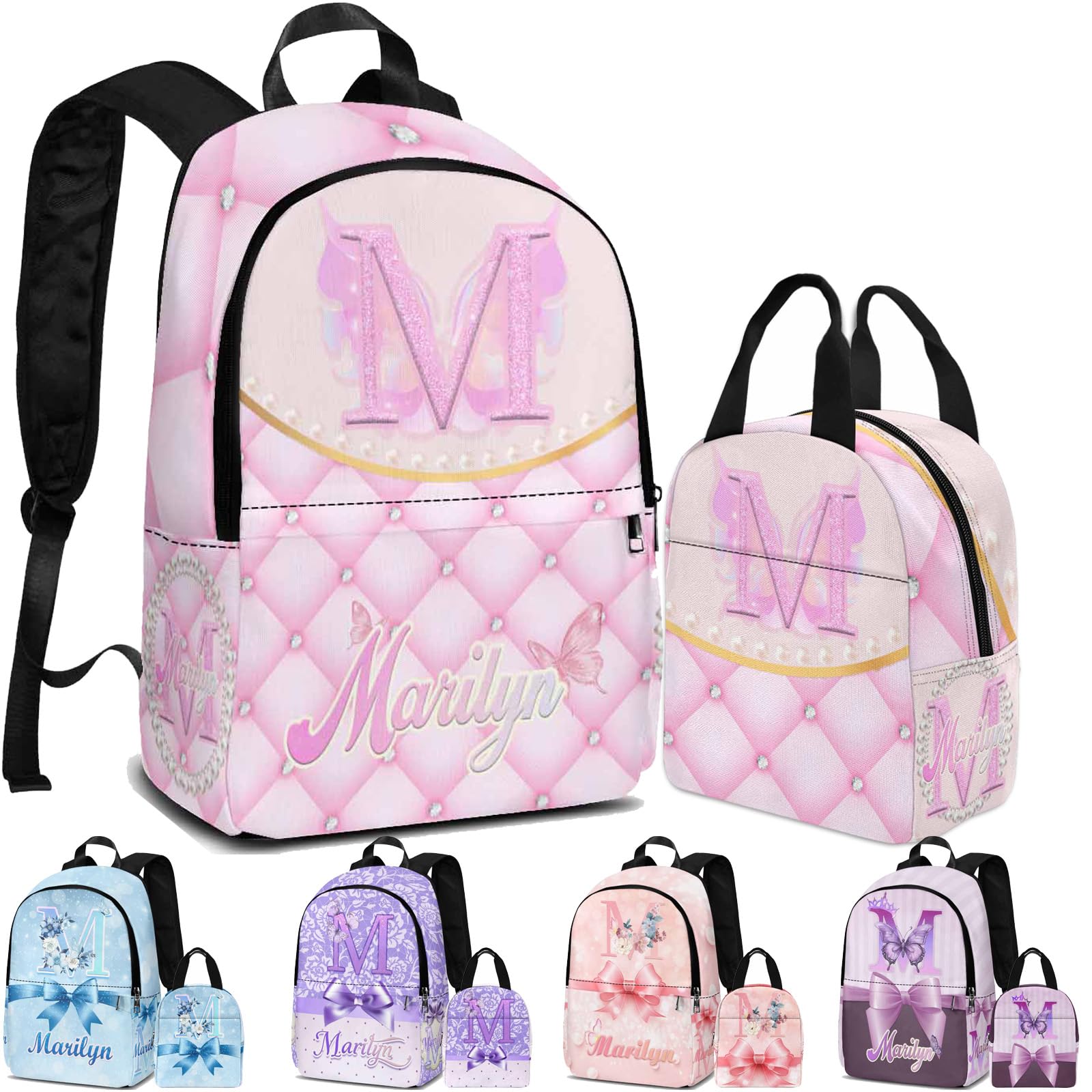 Newcos Back to School Custom Bookbag with Lunch Bag Gifts for Girls Students Personalized Toddler Backpack Pink Shoulder Bag with Name for Preschool