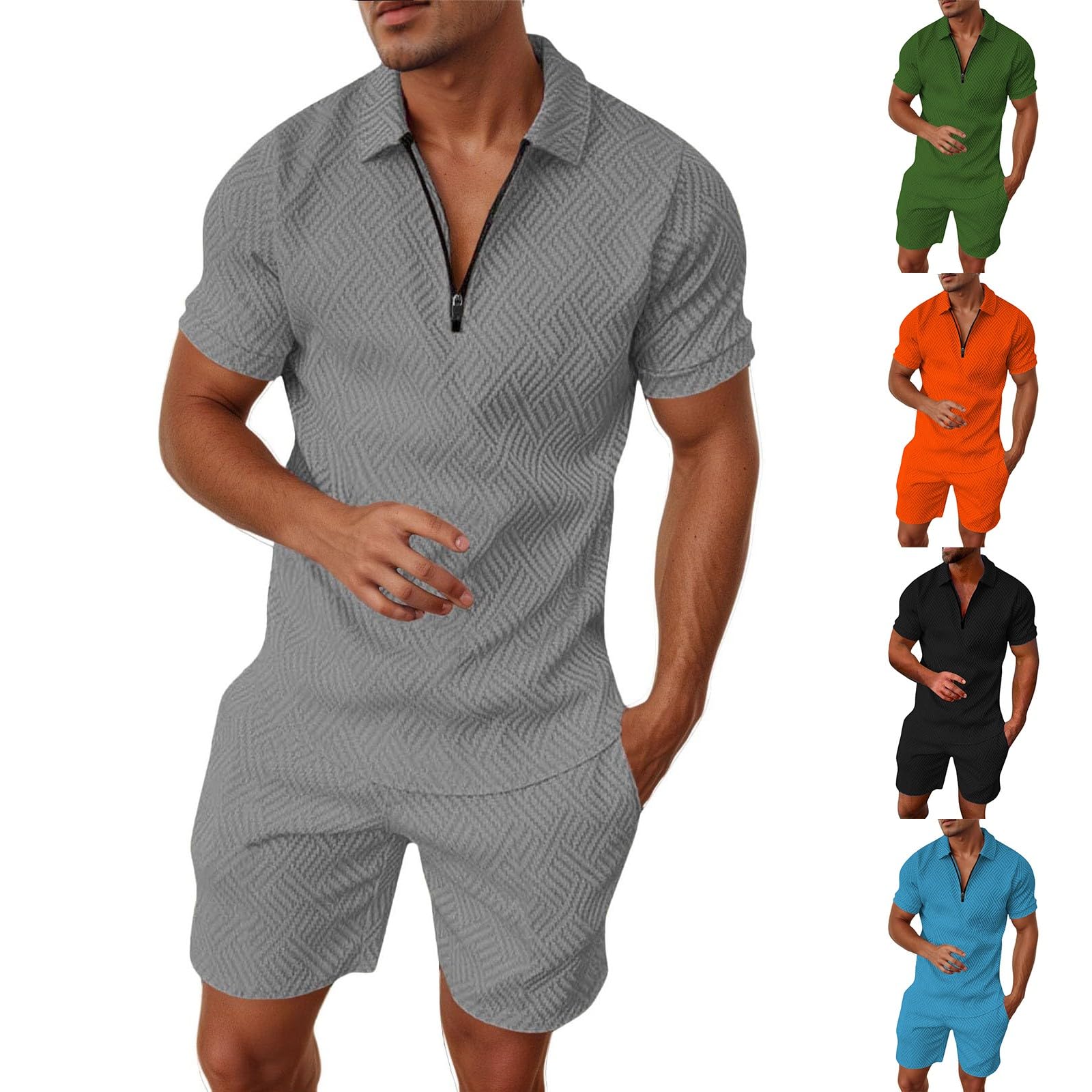 Tuta Uomo Estiva Sportiva Maniche Corte Cerniera T-Shirt e Pantaloncini Estiva 2 Pezzi Set Completo Completa Cotone Leggero Tute Due Maglietta e Complete