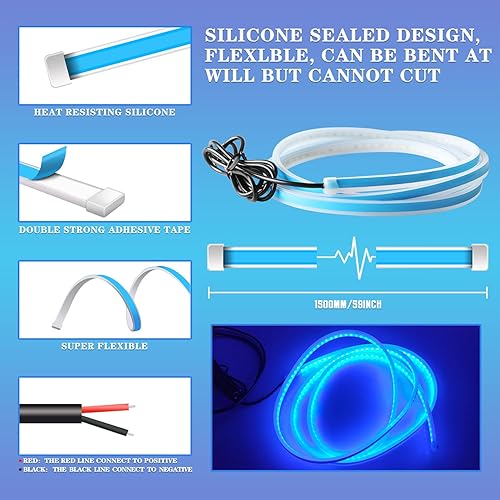 Miniatura 2 de Tira de luces LED para capó de automóvil flexible de 59 pulgadas, luces de circulación diurna impermeables para capó del motor (azul)