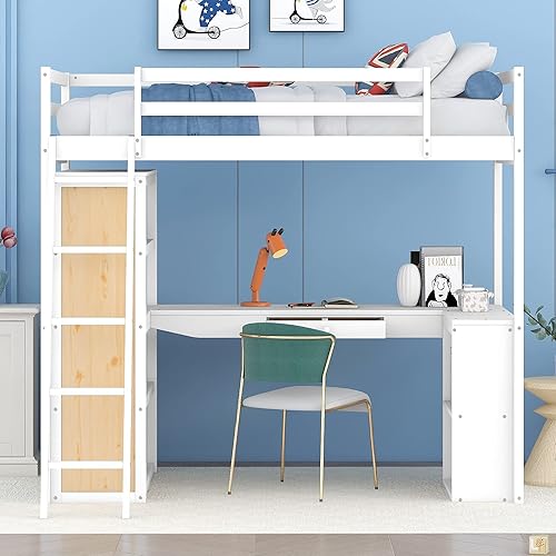 Miniatura 3 de Hlcodca Modern Twin Size Loft Bed with Under-Bed Desk and Storage ShelvesWooden Loft Bed with Ladders and Guardrailsfor Kids Boys Girls Teens Adults