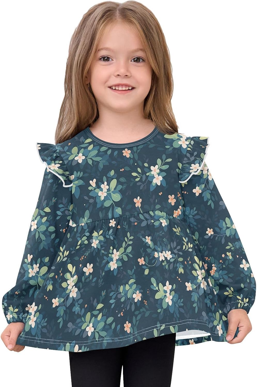 visesunny Toddler Clothes for Girls Vintage White Small Flower Long Sleeve Fall Shirts Cotton Top with Ruffle Collar