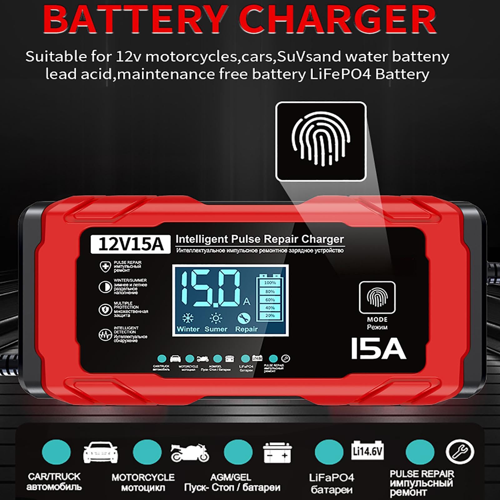 15A Chargeur de Batterie Voiture - 12V 15A Chargeur Batterie Moto Intelligent Entièrement Automatique avec Compensation de Température pour Les Batteries Plomb-Acide et LifePO4, Bateaux,Moto