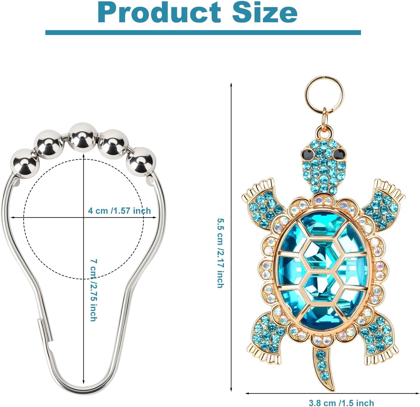 Sapphire Sea Turtle Rings Decorative Shower Curtain Hooks Set,12 PCS,Roller Ball, Stainless Steel,Cute Ocean Animal Decor, Beach Shower Rings,Rustproof,Bathroom, Blue & Golden & Rhinestone
