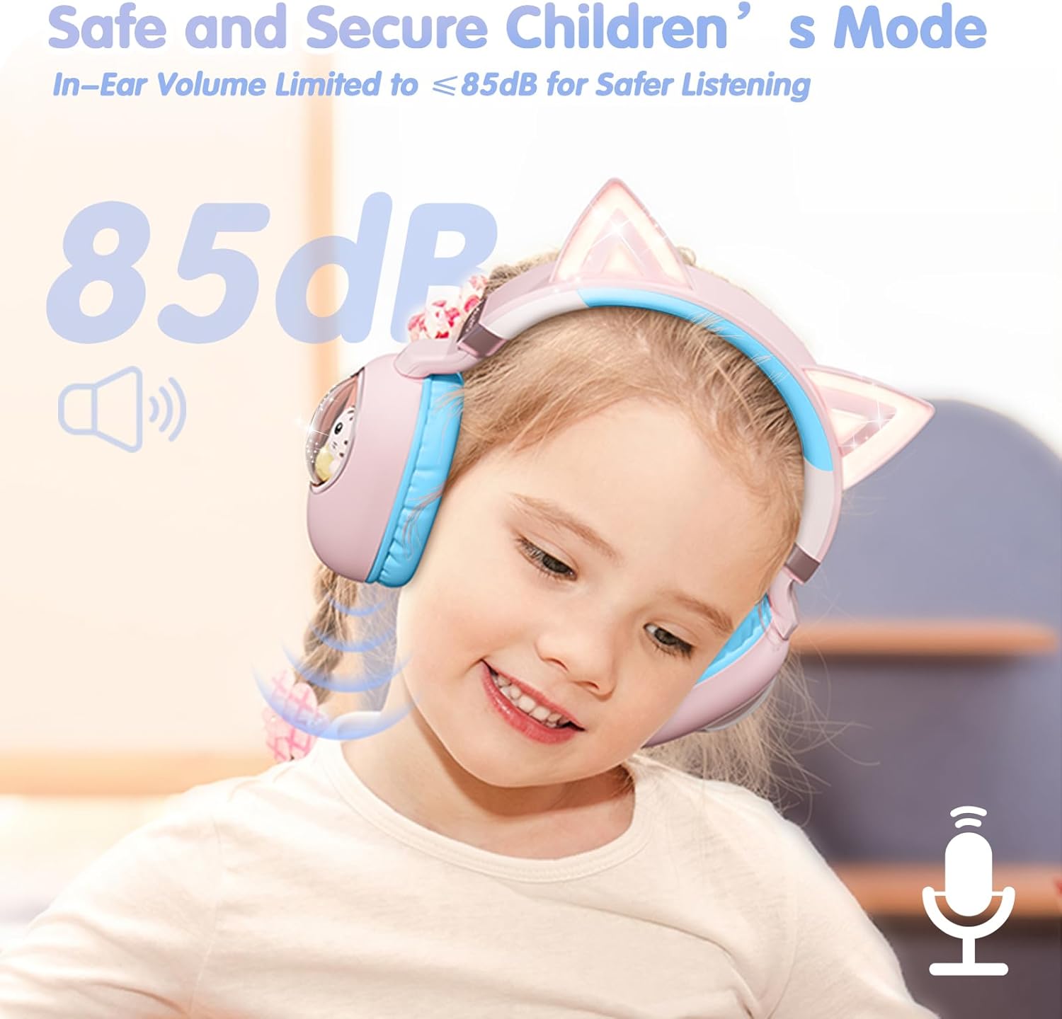 esonstyle Kids Headphones Cat Ear - Bluetooth 5.4 Over-Ear Noise Cancelling Headphones with Microphone LED Lights Up 85dB Safe Volume Limit Wireless or 3.5mm Wired USB C(Pink Blue)